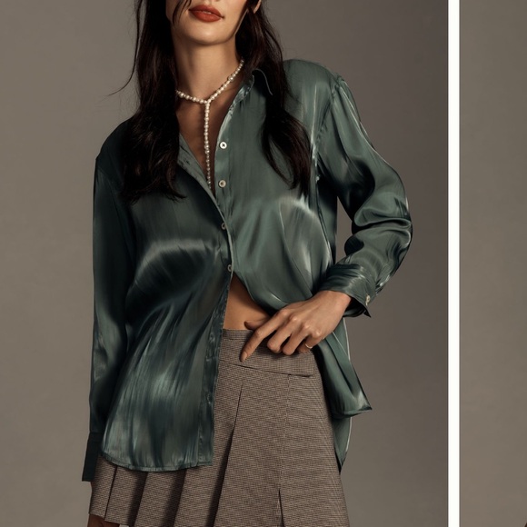 Anthropologie Tops - Anthropologie Silky Iridescent Shimmering Buttondown Shirt Green XS